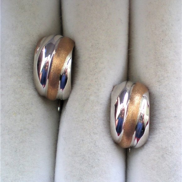 Vintage Designer Italy Solid 14K Two Tone White Pink Gold Hoop Pierced Earrings